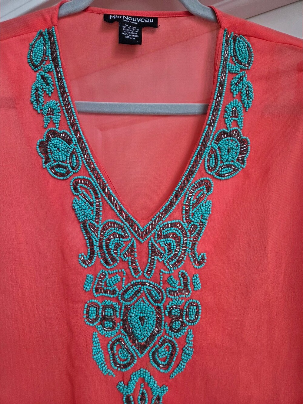 Mix Nouveau Coral And Turquiose Embellished V-Neck Swim Coverup
